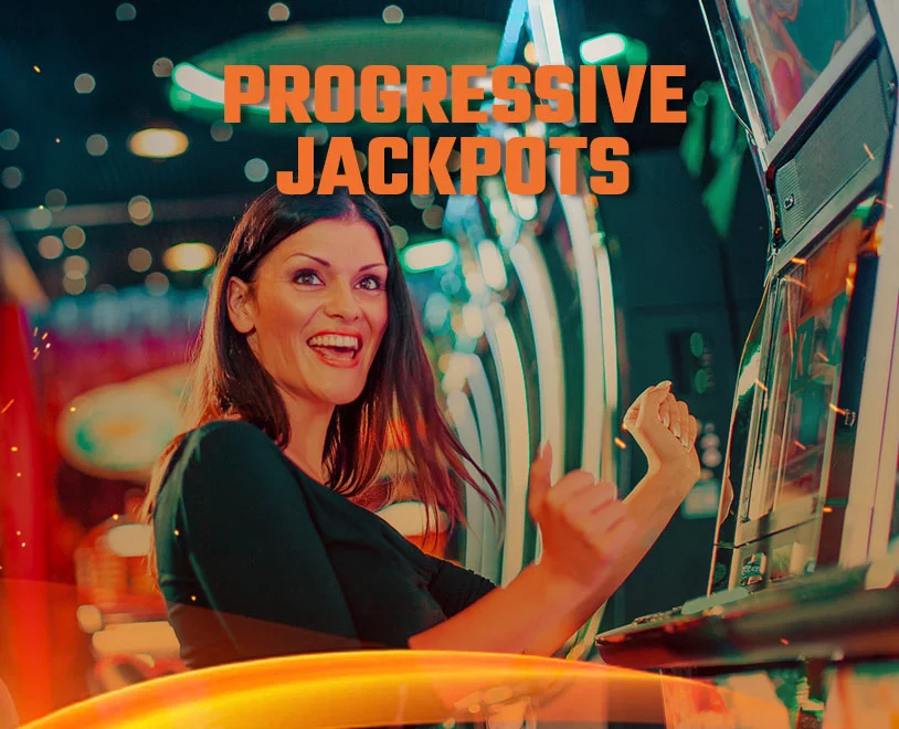 Woman in front of progressive slot machine